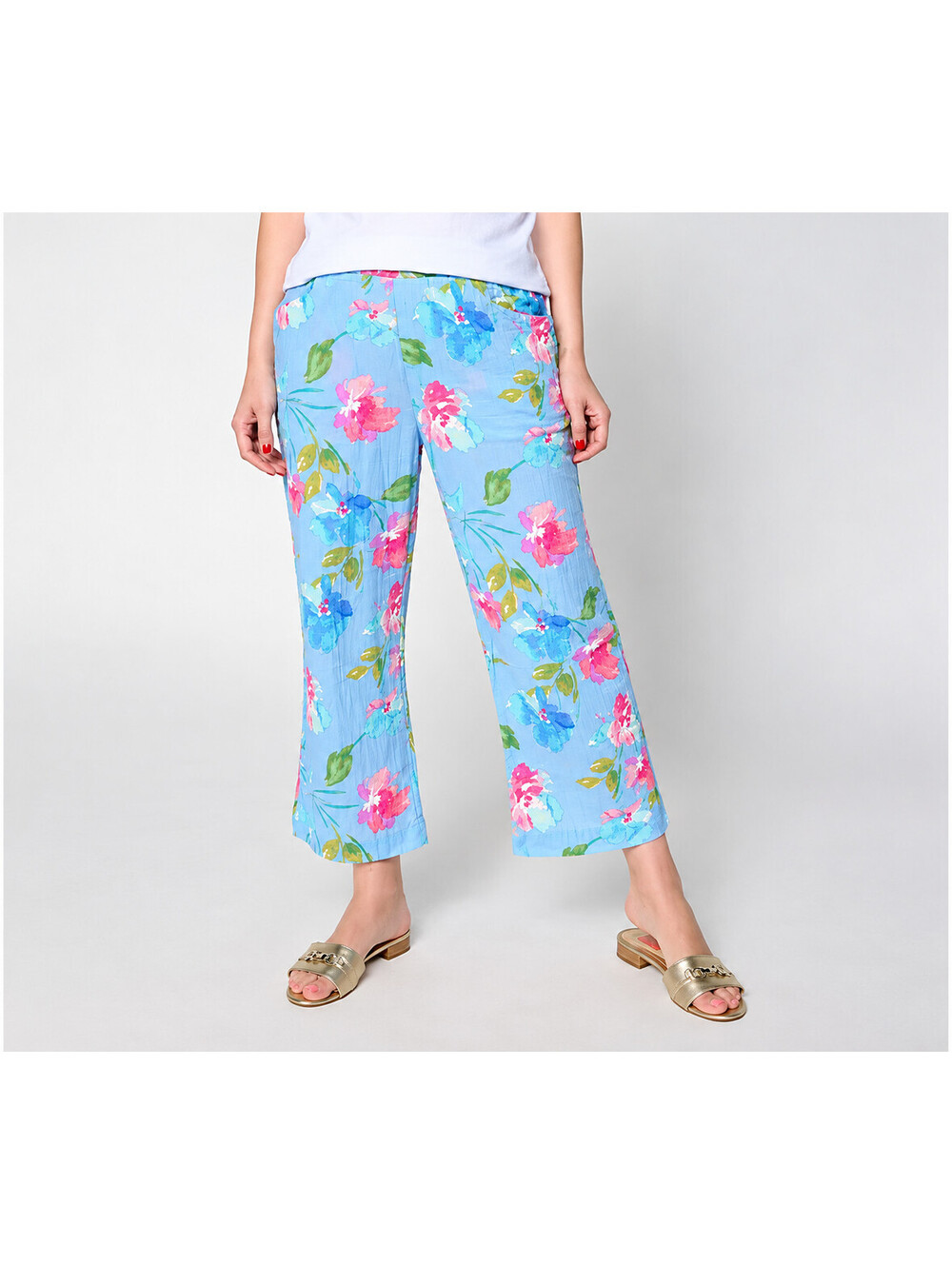 Susan Graver Regular Getaway Cotton Gauze Wide Leg Crop Pants Sky Multi, Size 2X